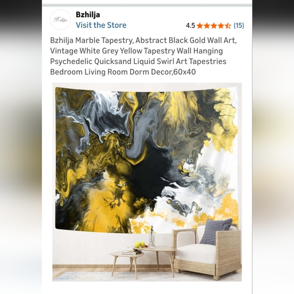 Abstract Marble Art Wall Tapestry in Yellow, Black & Gray